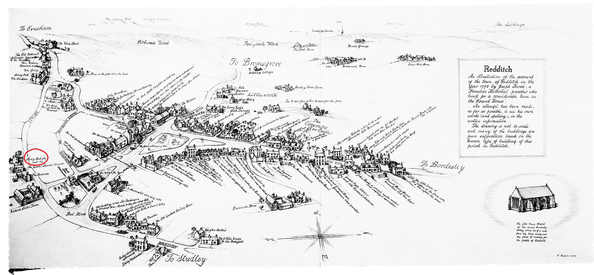 Map of Redditch c. 1776 by Norman Neasom RWS, RBSA,