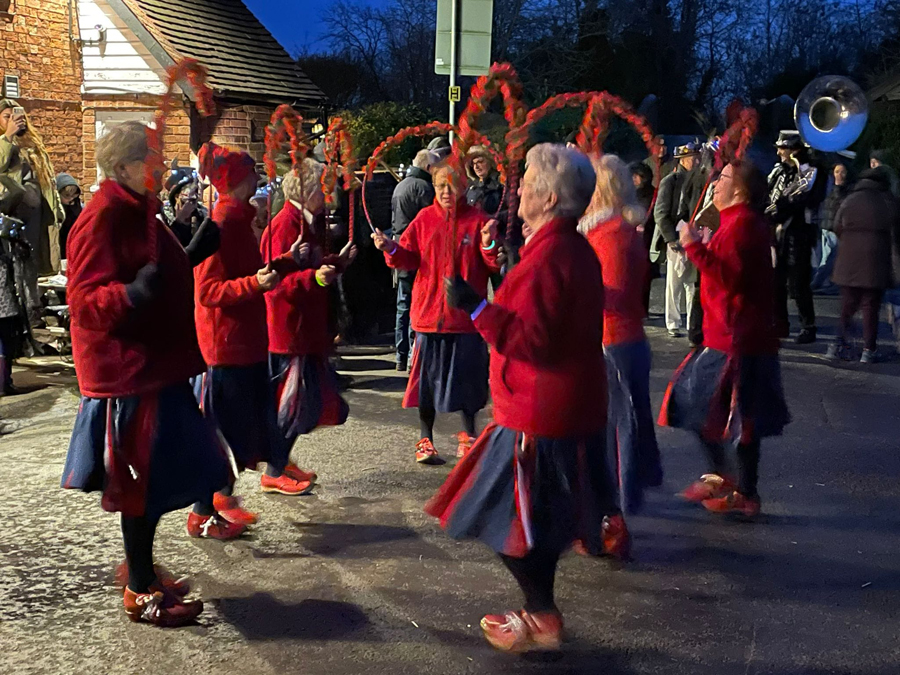 Nancy Butterfly dancing outside the Crown Inn Alvechurch during the Aelfgythe Wassail event